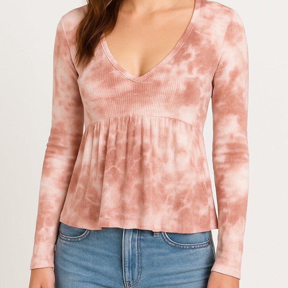 Anthro t.la Jill Tie Dye Ribbed Babydoll Top XS Pink White Long Sleeve V Neck